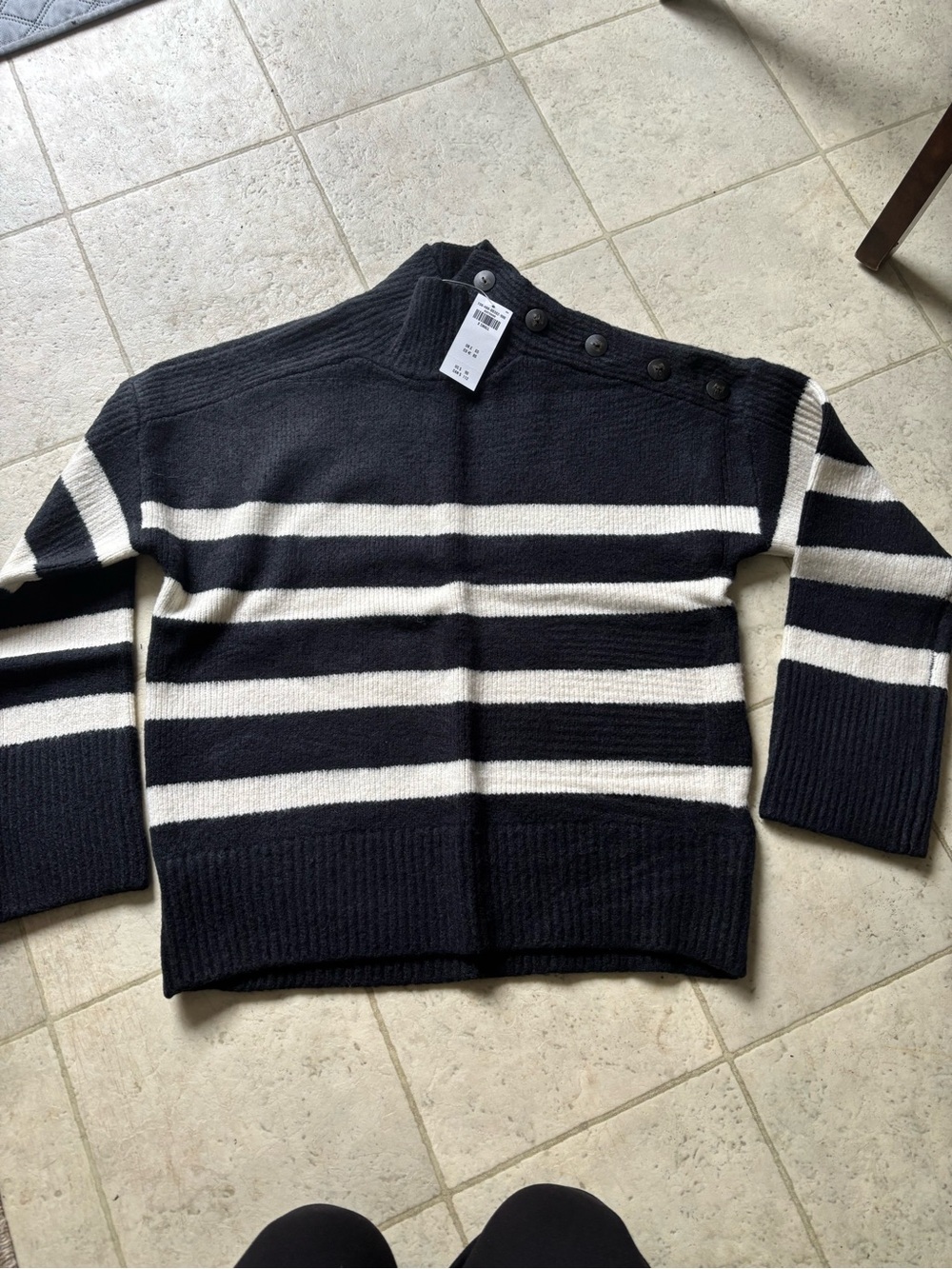 Women’s Black & White Striped Button-Shoulder Sweater